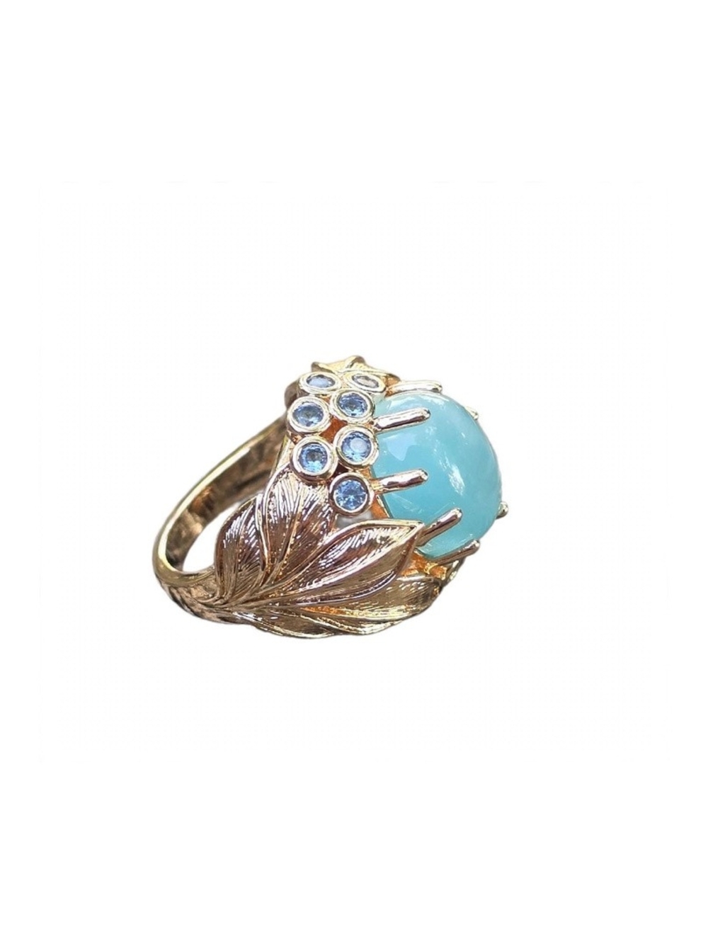 14K Gold Leaf Ring - Vibrant Blue Aqua Cabochon Exotic Statement Ring SZ 7 - Picture 4 of 5